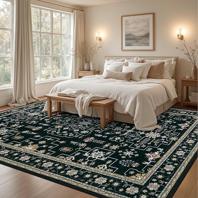 ExpediX 10x14 Area Rugs Living Room: Washable Vintage Rug for Bedroom Black