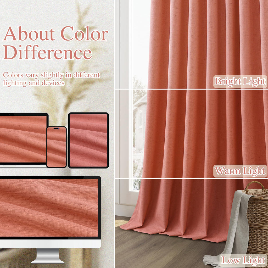 Guken Coral 100% Blackout Linen Curtains 108 Inch Length 2 Panels Set for Living Room Bedroom Back Tab Rod Pocket Thermal Insulated Farmhouse Black Out Drapes Room Darkening,52x108