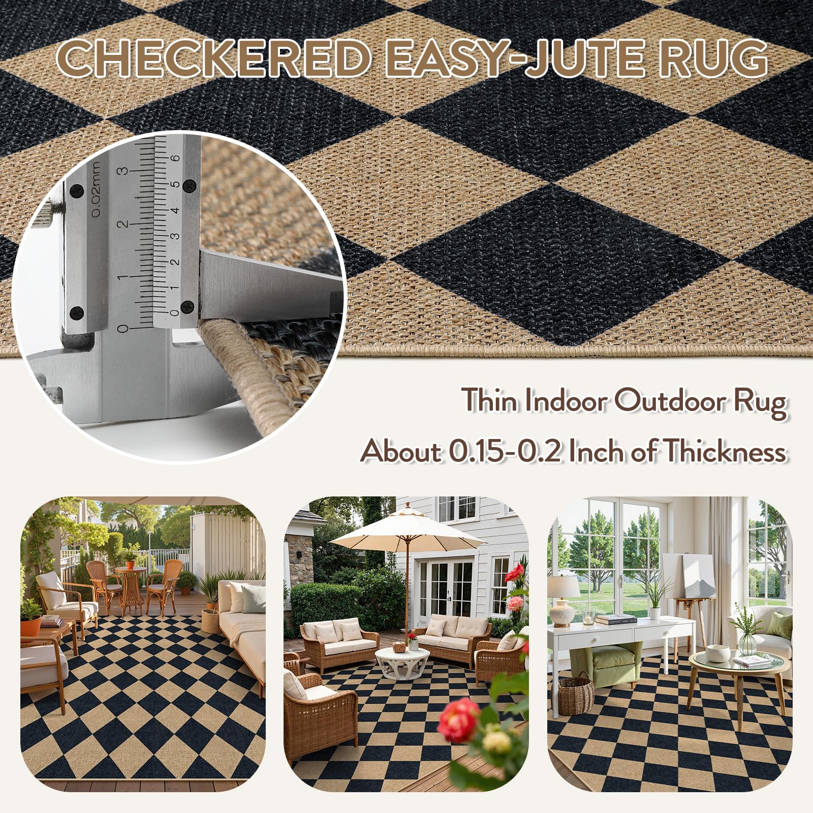 Lahome Checkered Easy Jute Outdoor Patio Rug, 8x10 Living Room Rug Washable