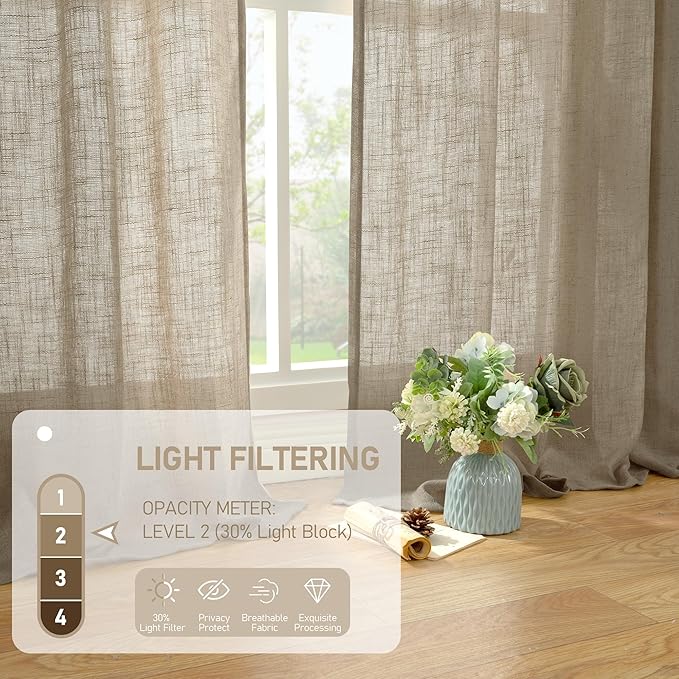 LAMIT Taupe Sheer Linen Curtains, 108 inch Light Filtering Semi Sheer Panels Back Tab and Rod Pocket Farmhouse Rust Drapes for Bedroom/Living Room, 2 Panels, 52 x 108 Inch