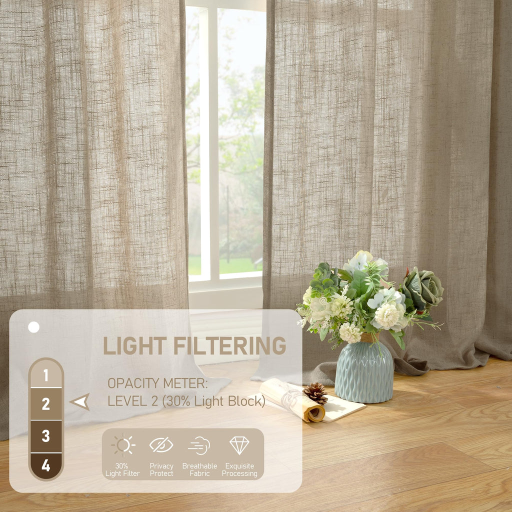 LAMIT Taupe Linen Curtains 90 Inch for Living Room, Semi Sheer Panels