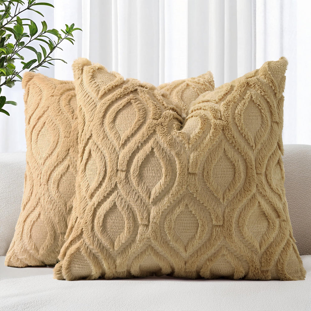 decorUhome Faux Fur Light Brown Khaki Throw Pillow Covers 26x26 Set of 2