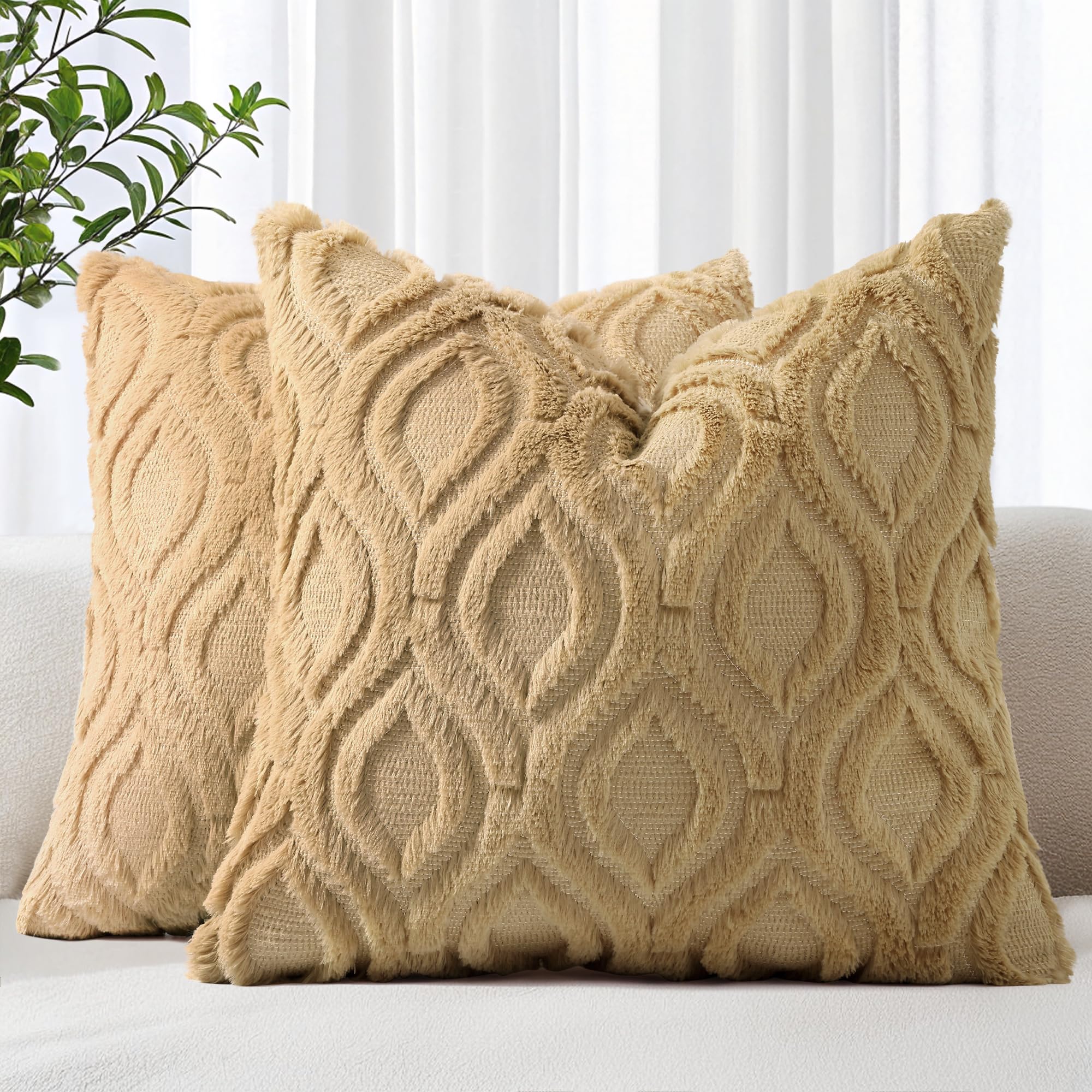 decorUhome Faux Fur Light Brown Khaki Throw Pillow Covers 26x26 Set of 2