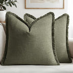 MIULEE Decorative Throw Pillow Covers Neutral Linen Fringe Throw Pillows Set of 2 Olive Green Boho Farmhouse Cushion Covers with Tassels for Couch Sofa Bed Living Room Spring Home Decor 18x18 Inch