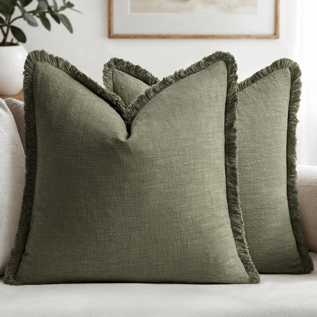 MIULEE Boho Linen Fringe Decorative Throw Pillow Covers Olive Green 20x20