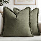 MIULEE Boho Linen Fringe Decorative Throw Pillow Covers Olive Green 20x20