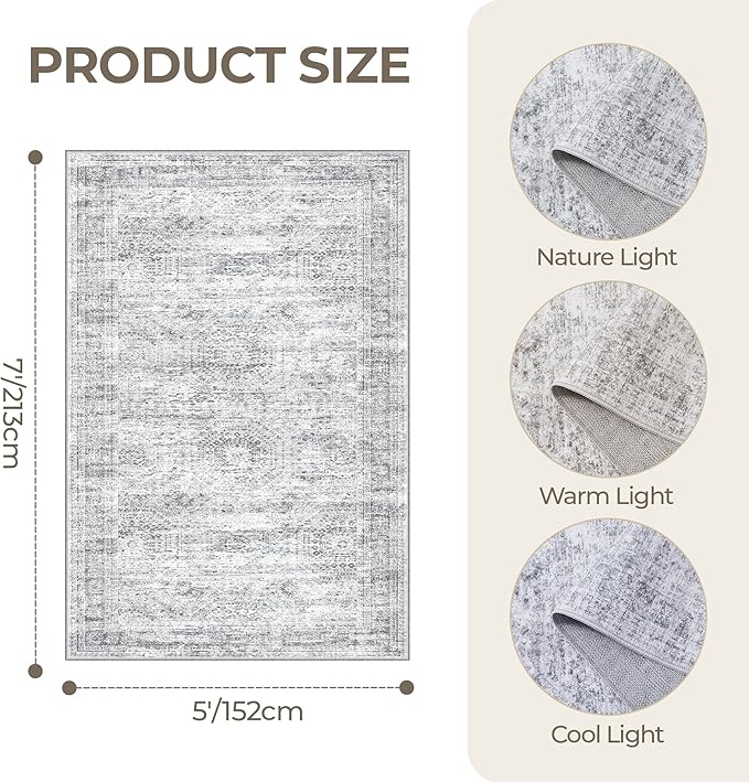Restydon 5x7 Area Rugs for Living Room,Large Washable Rug,Grey