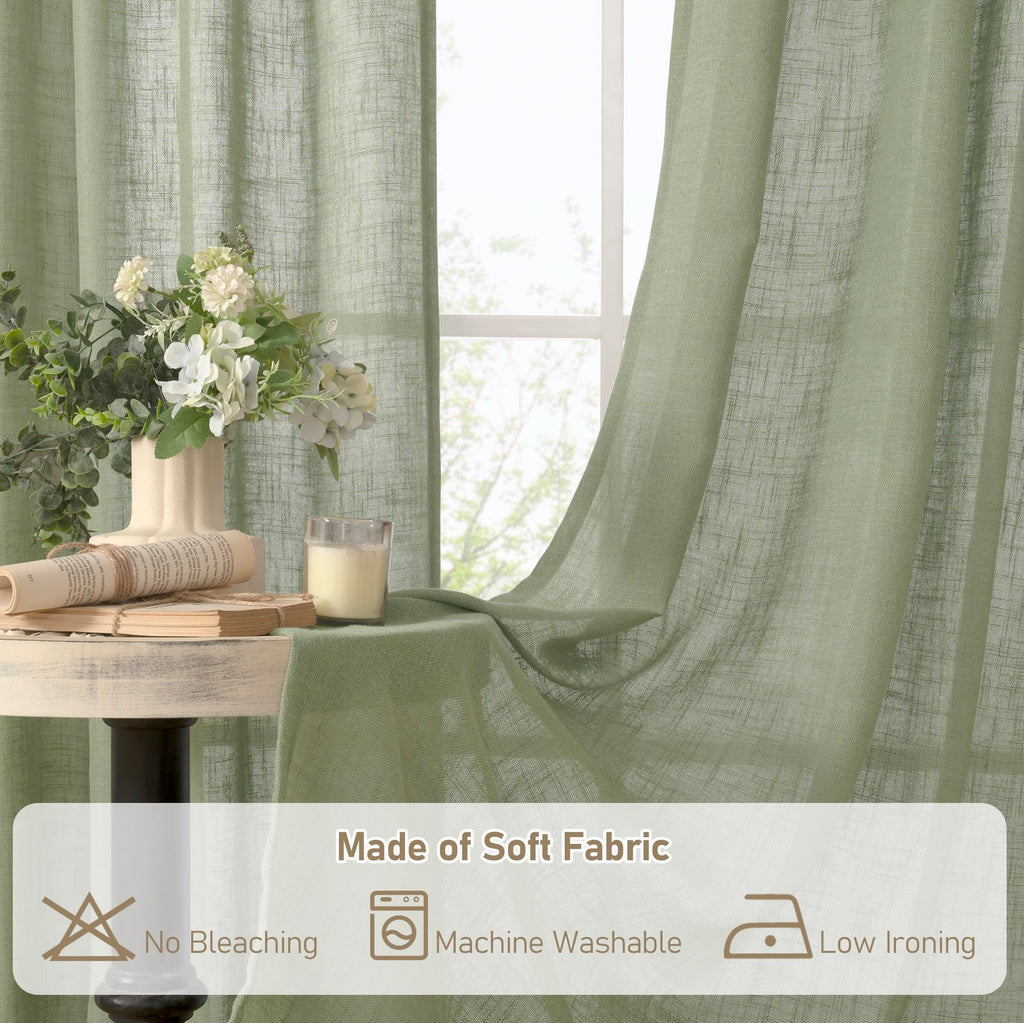 LAMIT Short Window Linen Curtains 36 Inch Length 2 Panels, Sage Green Light Filtering Panels Back Tab and Rod Pocket Neutral Drapes for Bathroom/Loft Room, 34 x 36 Inch