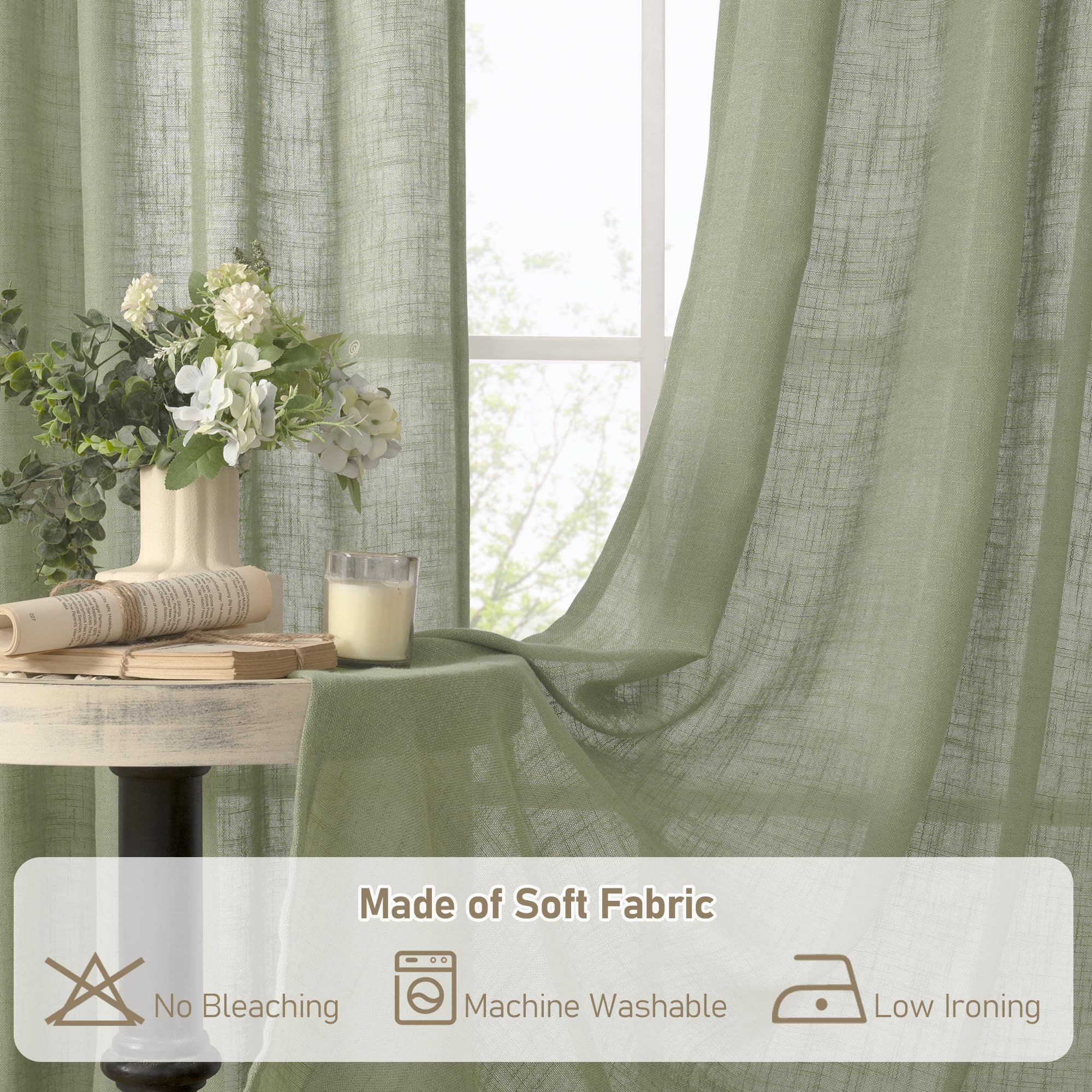 LAMIT Short Window Linen Curtains 36 Inch Length 2 Panels, Sage Green Light Filtering Panels Back Tab and Rod Pocket Neutral Drapes for Bathroom/Loft Room, 34 x 36 Inch