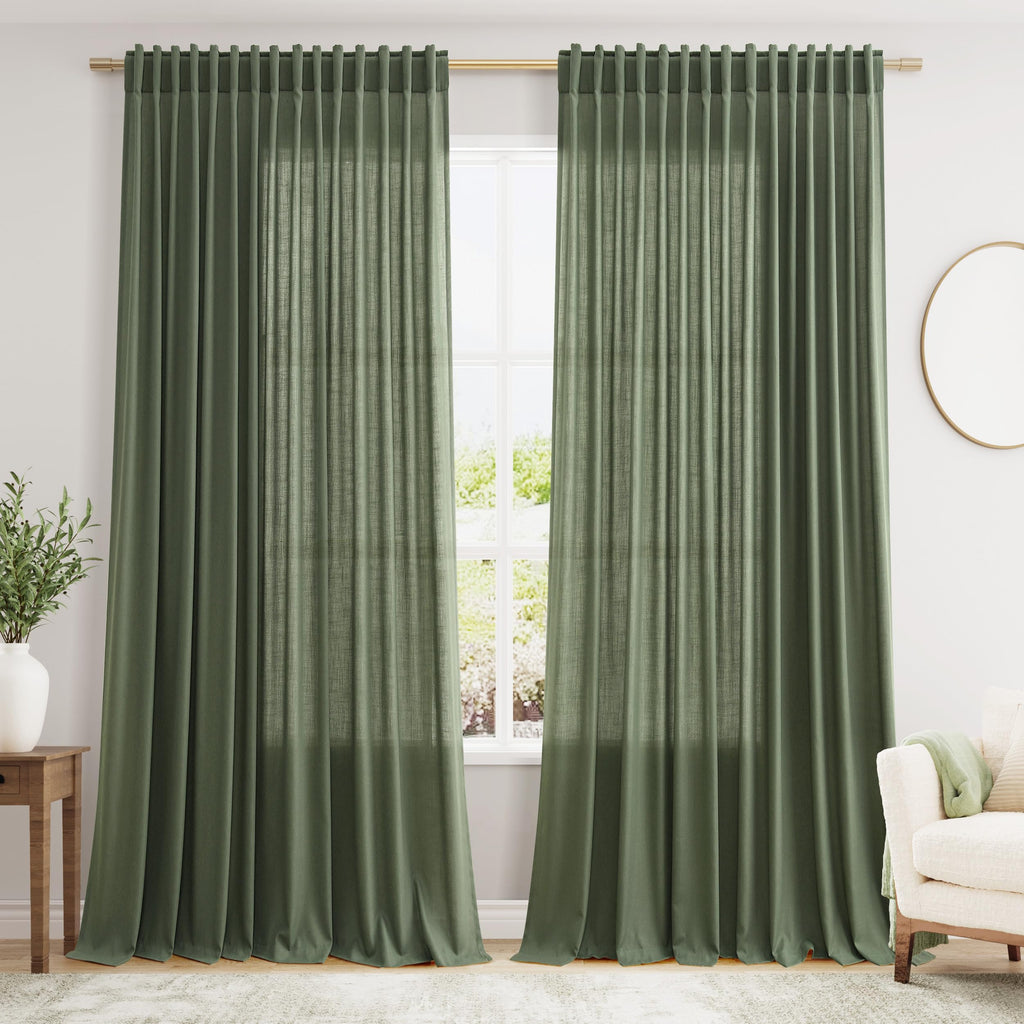 Olive Green Large Window Curtains Light Filtering Semi Sheer Privacy Linen Textured Curtain for Patio Sliding Glass Door Extra Wide Rustic Farmhouse Drapes for Living Room Bedroom Sunroom 100x90 Inch