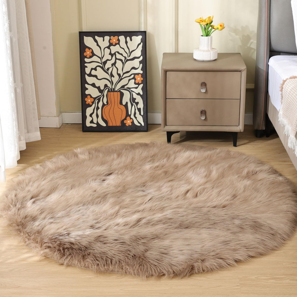 ORINOVA Beige Fuzzy Living Room Washable Area Rug 5ft Round Shag Faux Sheepskin Nursery Rug for Bedroom Teen Room Home Decor Soft Fluffy Circle Carpet