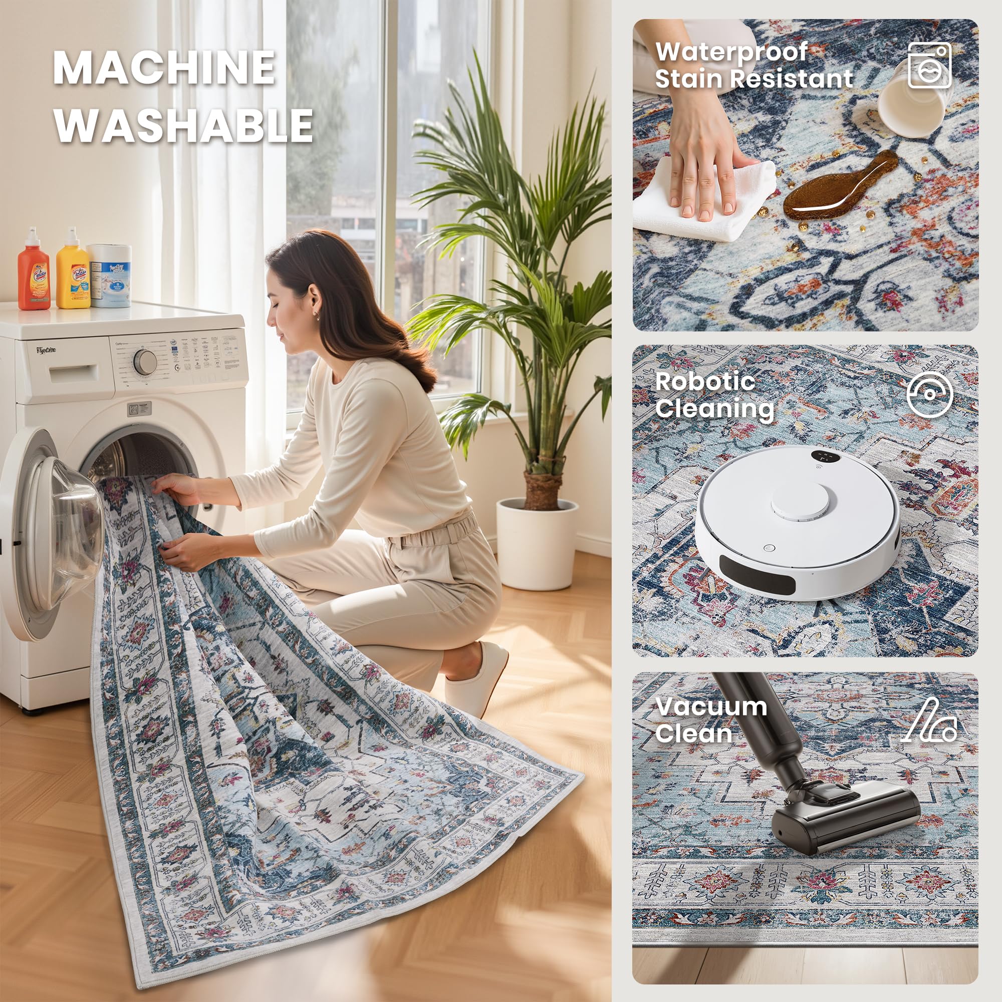 zesthome 5x7 Area Rugs for Living Room,Large Washable Rug,Blue
