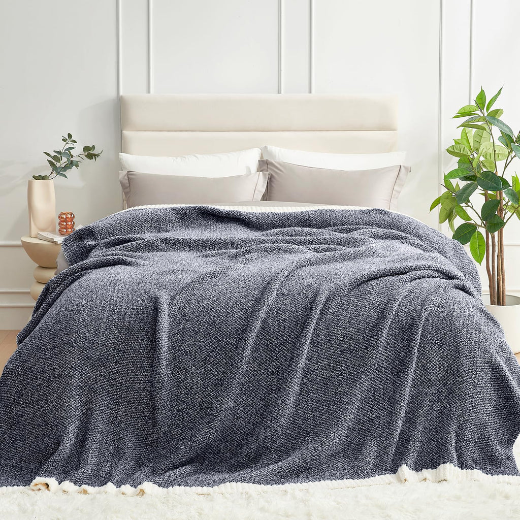 Snuggle Sac Oversized Navy Blanket, Twin XL Size for Bed | Reversible Super Soft & Cozy Knit Throw, Fuzzy Plush Fabric in Heather Navy, 66x90 inches