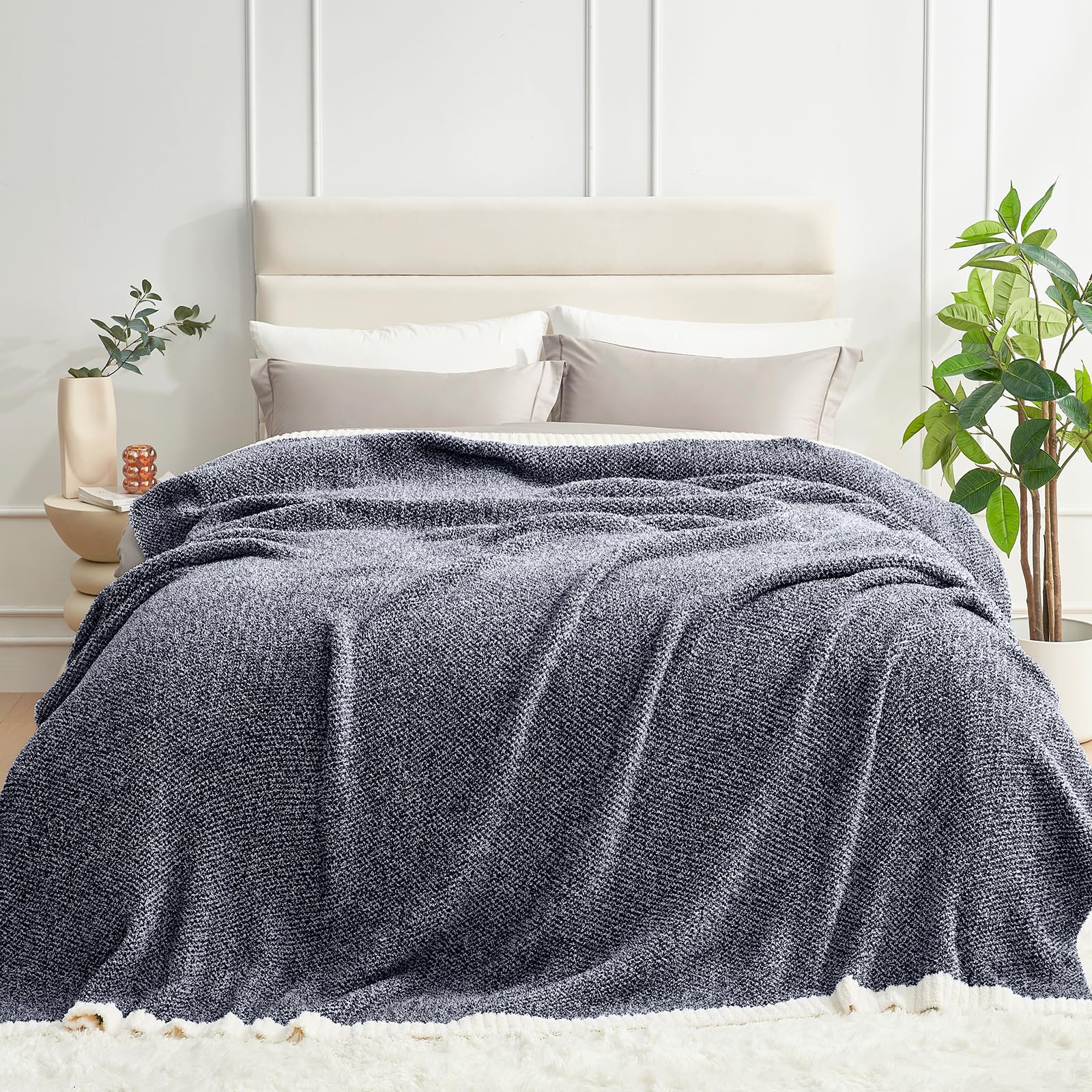 Snuggle Sac Oversized Navy Blanket, Twin XL Size for Bed | Reversible Super Soft & Cozy Knit Throw, Fuzzy Plush Fabric in Heather Navy, 66x90 inches