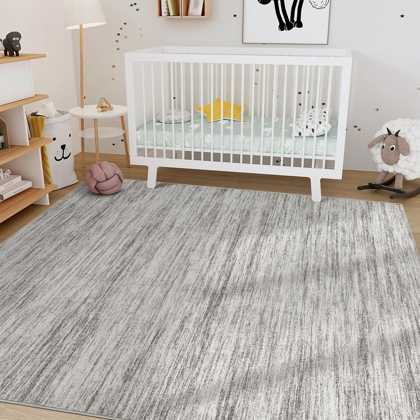 Nakagishi 5x8 Area Rugs Living Room: Washable Large Vintage Rug Neutral Non-Slip Soft Stain Resistant Indoor Carpet for Bedroom Nursery Dining Room Office Playroom - Grey-01