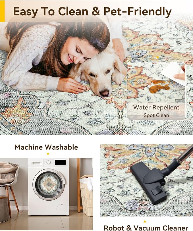 RELEANY Washable Area Rug, Round 4ft, Beige/Carbon Grey/Orange