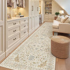 Madane 3x12 Hallway Runner Rug, Non Slip Washable 12ft Runner for Hallways Soft Vintage Kitchen Rugs Low-Pile Thin Floor Carpet Runner for Entryway Bathroom Bedroom, Beige/Blue