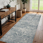Washable 3x8 Runner Rug - Non-Slip Vintage Runner Rug for Entryway Low-Pile Medallion Long Rugs for Hallway Waterproof Traditional Runner Rug Indoor Thin Rug for Kitchen (Muted Blue)