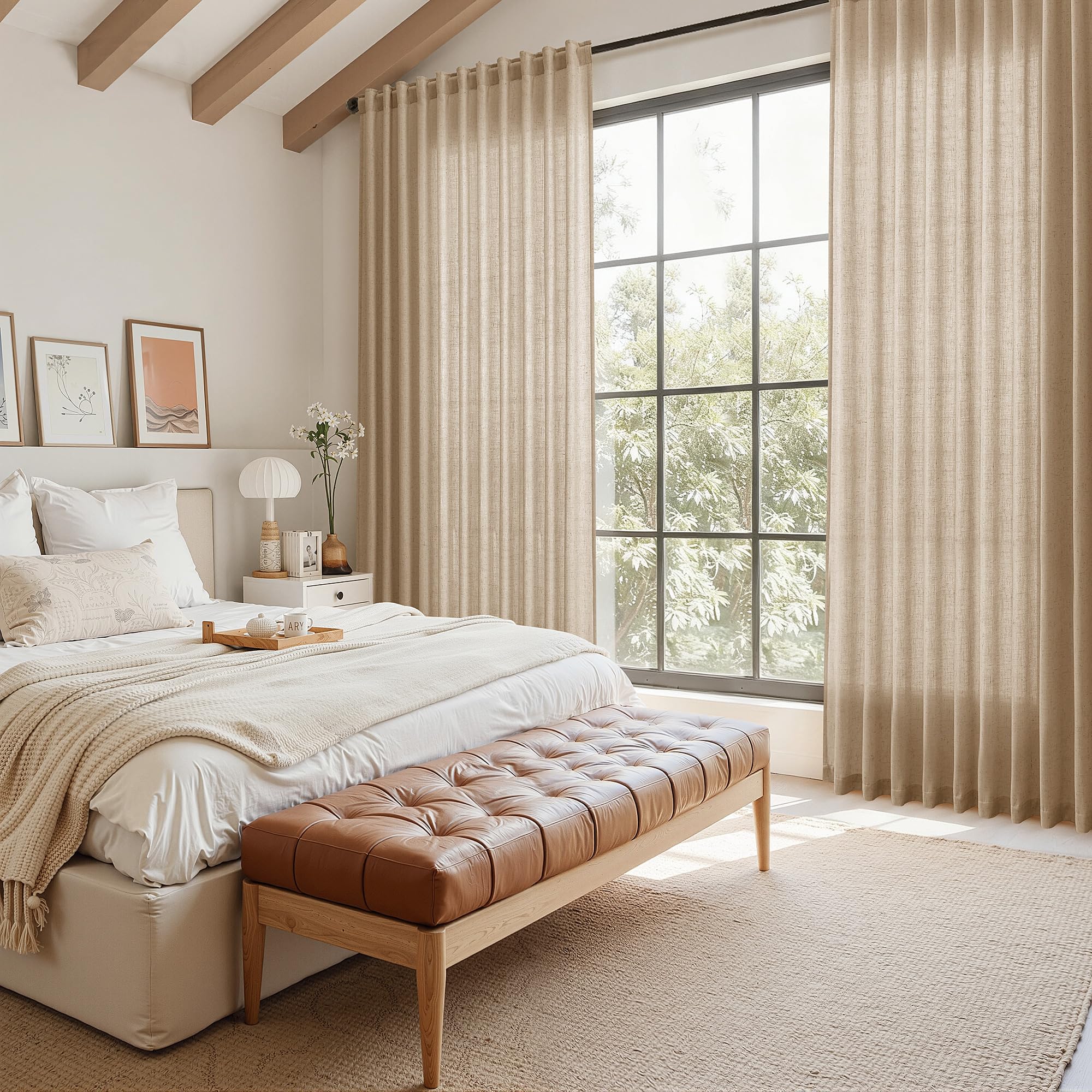Nanspring Sand Beige Curtains 96 Inches Long for Living Room Flax Linen Light Filtering Luxury Simple Modern Semi Curtains Back Tab Privacy Semi Sheer Curtain for Bedroom Office 52x96, 2 Panels