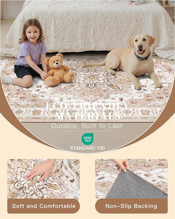 Madane Runner Rug 2'6''x8' Kitchen Runner, Hallway Runner Printed Vintage Washable Rugs Soft Non-Slip Low Pile Runners for Hallways Laundry Room Rug Distressed Rug, Pink