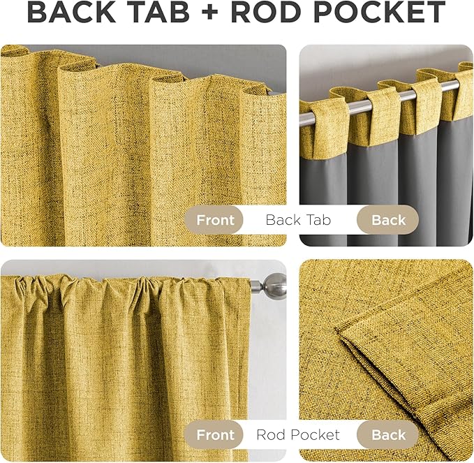Joydeco Linen Blackout Curtains for Bedroom - 100% Light Blocking 1 Panels, Yellow Drapes 100" W x 108" L, Thermal Insulated Room Darkening Curtains for Living Room, Rod Pocket & Back Tabs