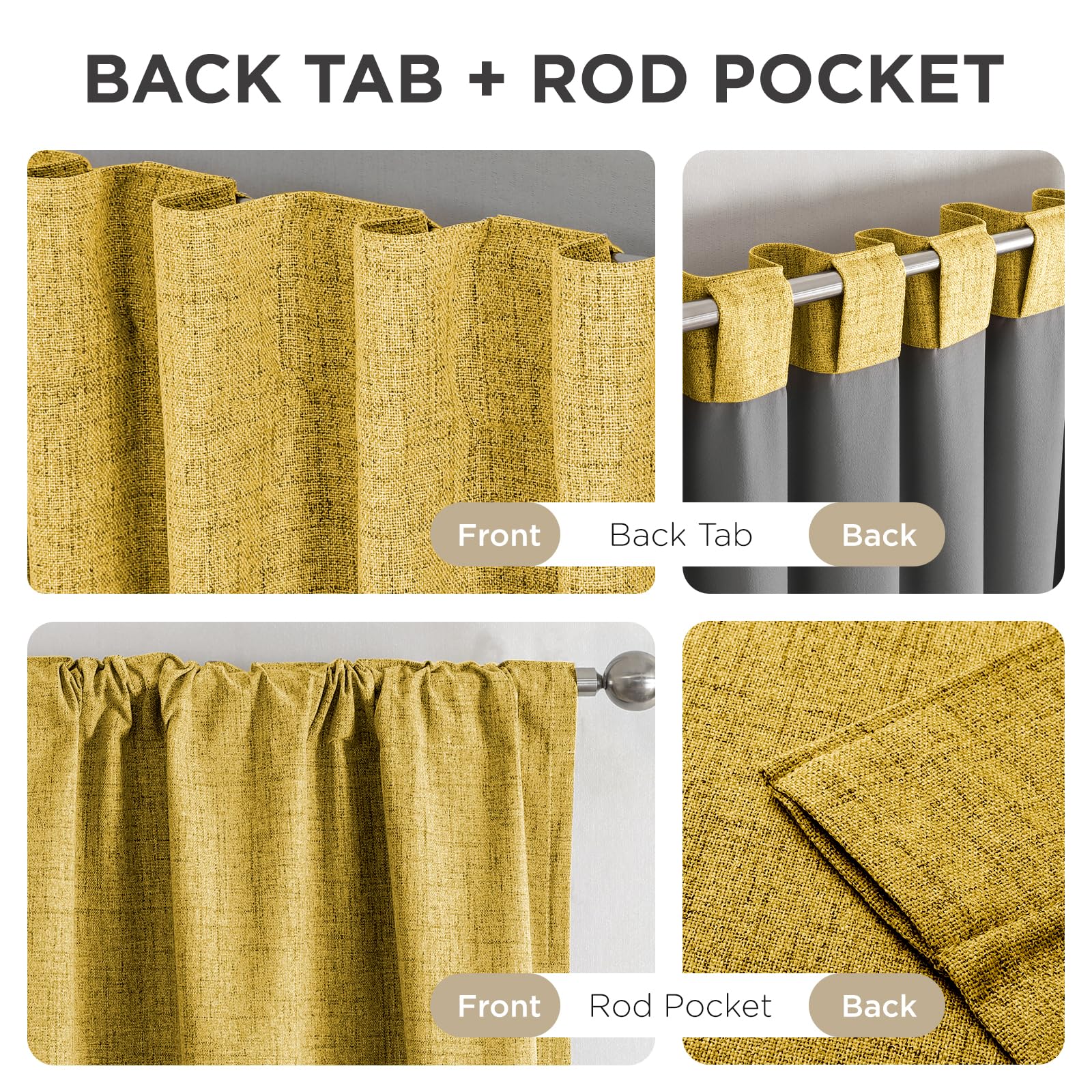 Joydeco Blackout Curtains for Bedroom - 100% Light Blocking 2 Panels Set Yellow Drapes 42"W x 108"L, Thermal Insulated Room Darkening Curtains, Linen Textured for Living Room, Rod Pocket & Back Tabs