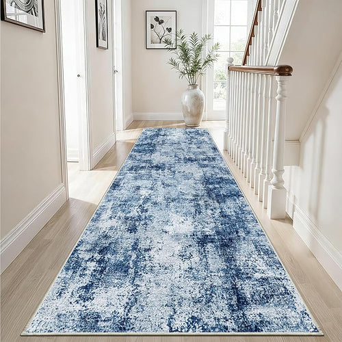 3x12 Washable Hallway Runner Rug: Non Slip Carpet Runners Easy-to-Clean - Soft Living Room Bedroom Kitchen Rugs - Thin Low Pile Printed Floor Mat for Dining Room Neutral Blue
