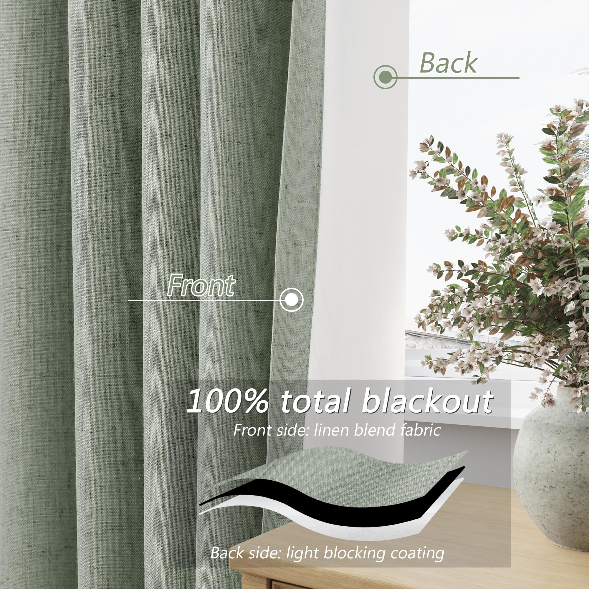 Guken 100% Blackout Curtains 96 Inch Length 2 Panels Set for Living Room Bedroom Back Tab Thermal Insulated Black Out Linen Drapes Room Darkening Window Curtains 96 Inches Long,Desert Sage