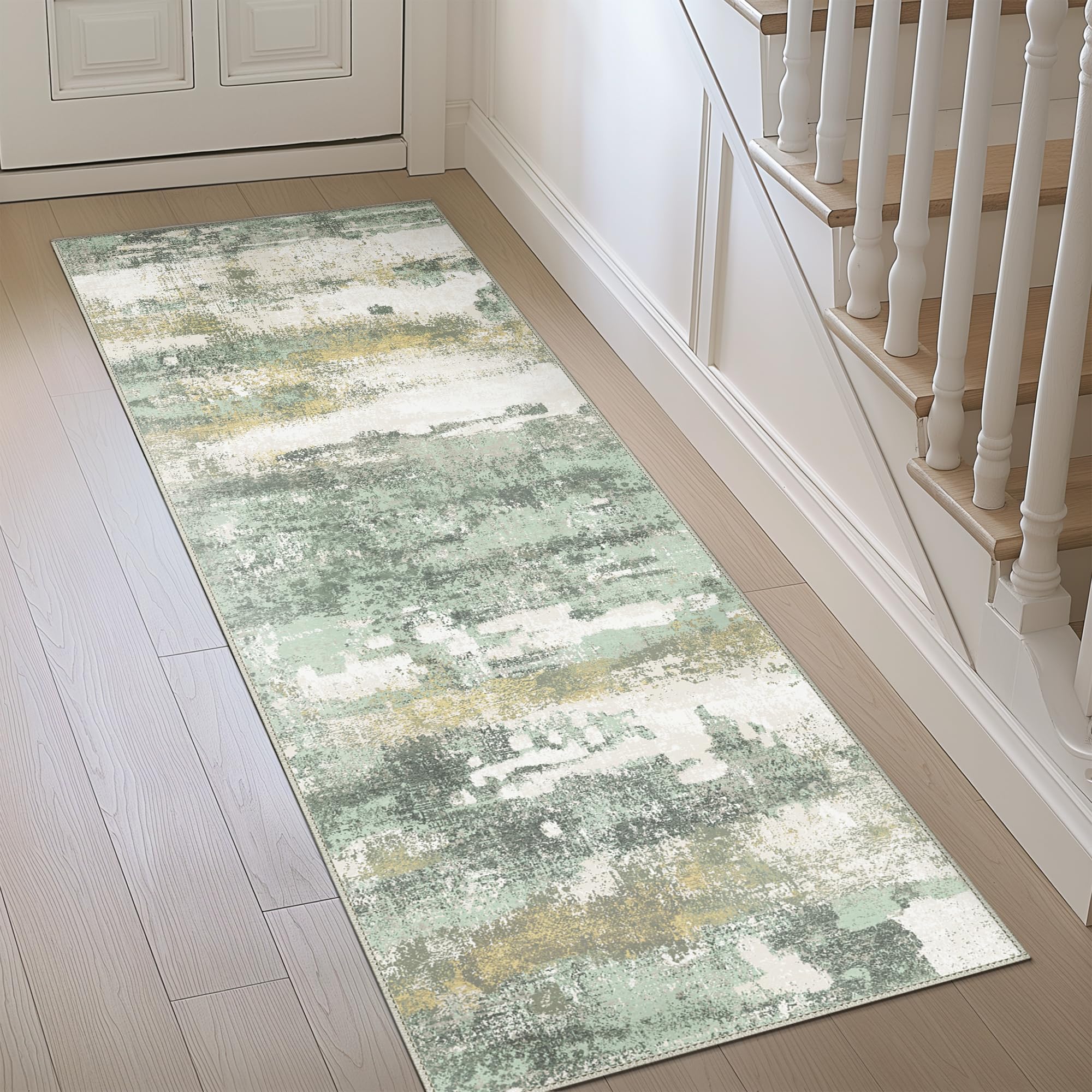 BEIMO 3x8 Green Abstract Runner Rug, Washable Non-Slip for Hallway
