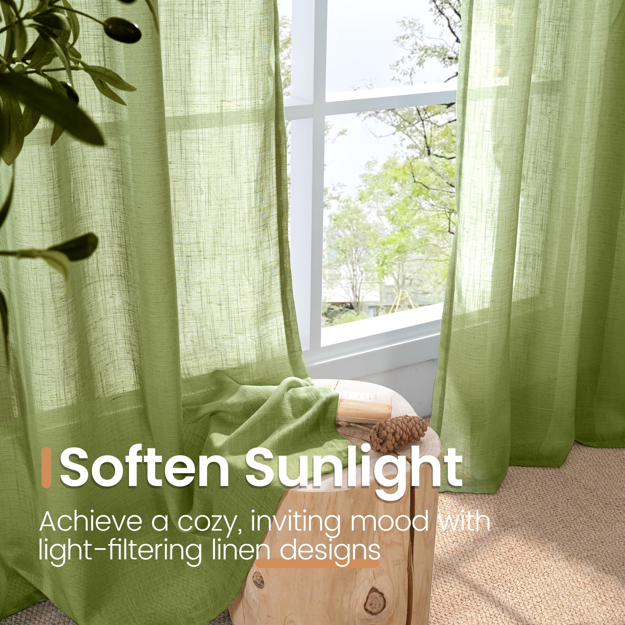 BGment 40 Inches Long Olive Green Linen Curtains for Short Window - Rod Pocket Small Drapes Textured Light Filtering for Cafe Bedroom Spring Lightweight Natural Rustic, 2 Panels Set, 42 X 40 Inch