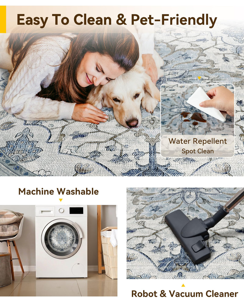 RELEANY Washable Area Rug, Round 4ft, Blue/White/Gray