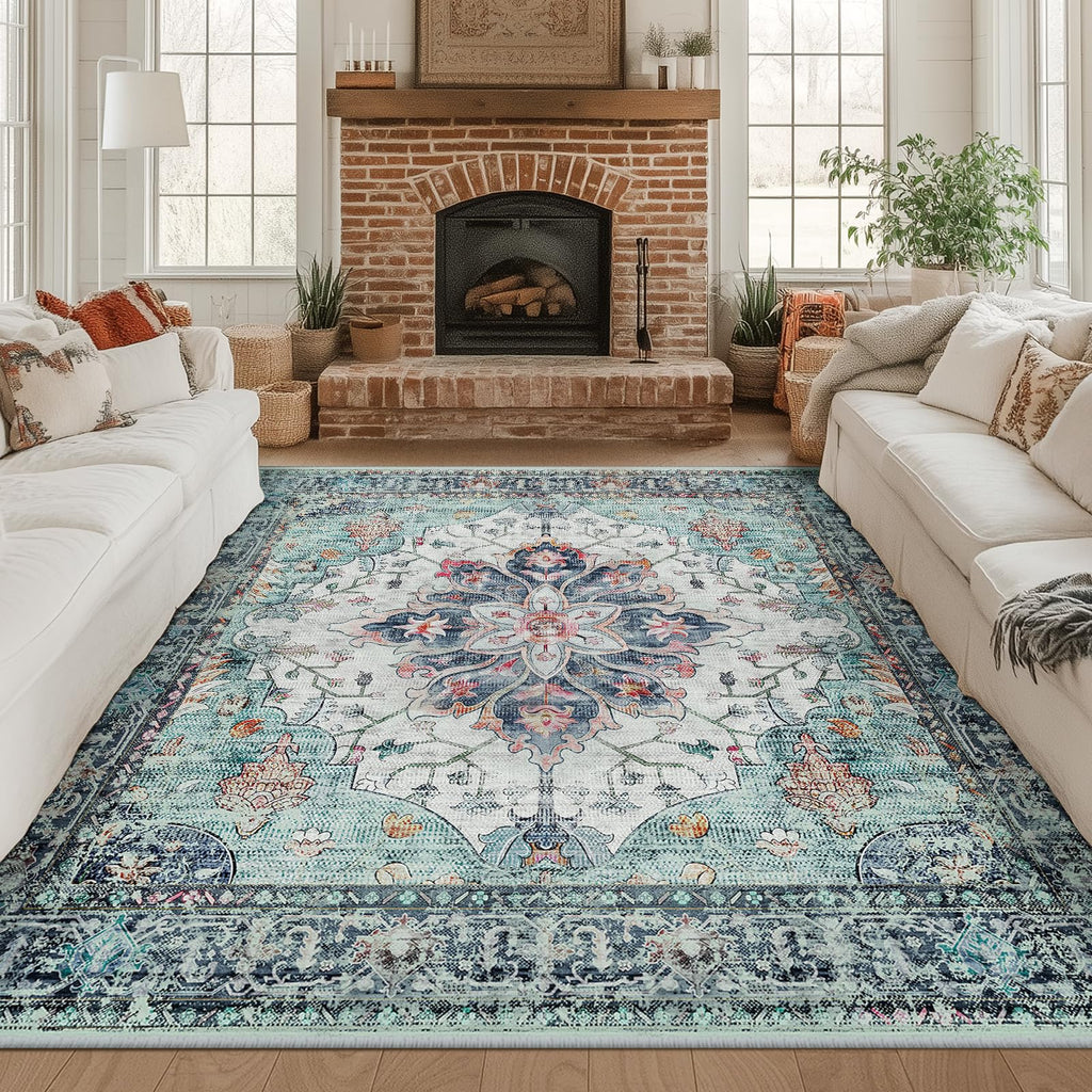 RELEANY Washable Area Rug, Square 8'x8', Teal Green/White/Navy