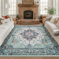 RELEANY Washable Area Rug, Square 8'x8', Teal Green/White/Navy