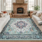 RELEANY Washable Area Rug, Square 8'x8', Teal Green/White/Navy