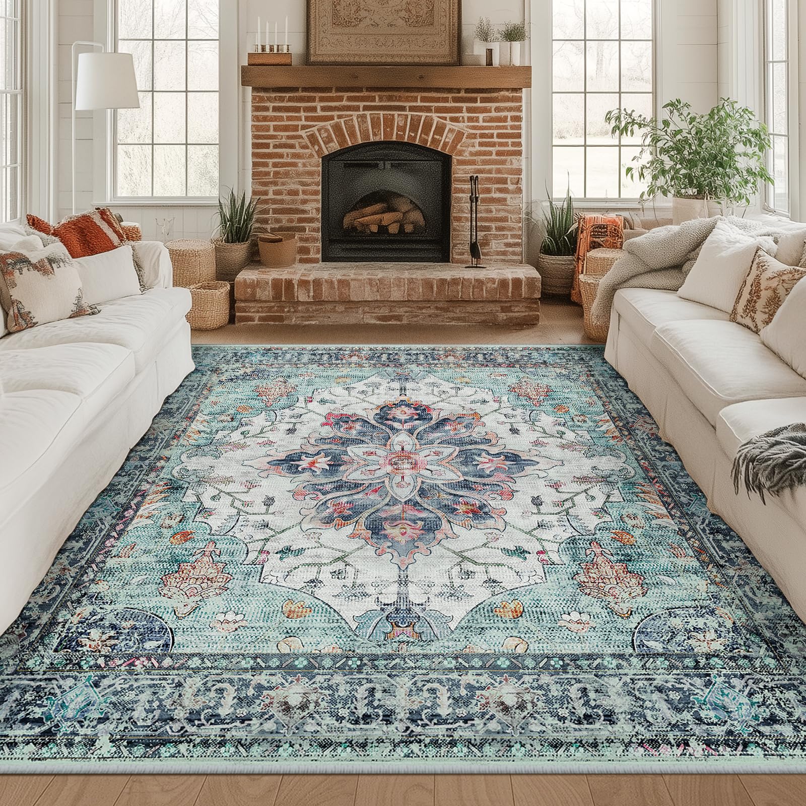 RELEANY Washable Area Rug, Square 8'x8', Teal Green/White/Navy