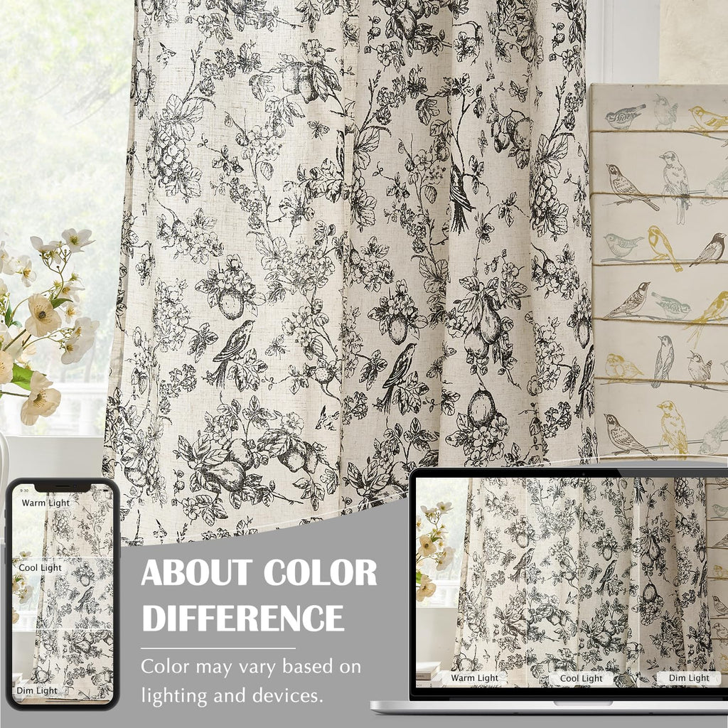 jinchan Black Floral Linen Curtains 63 Inch Vintage Back Tab 2 Panels