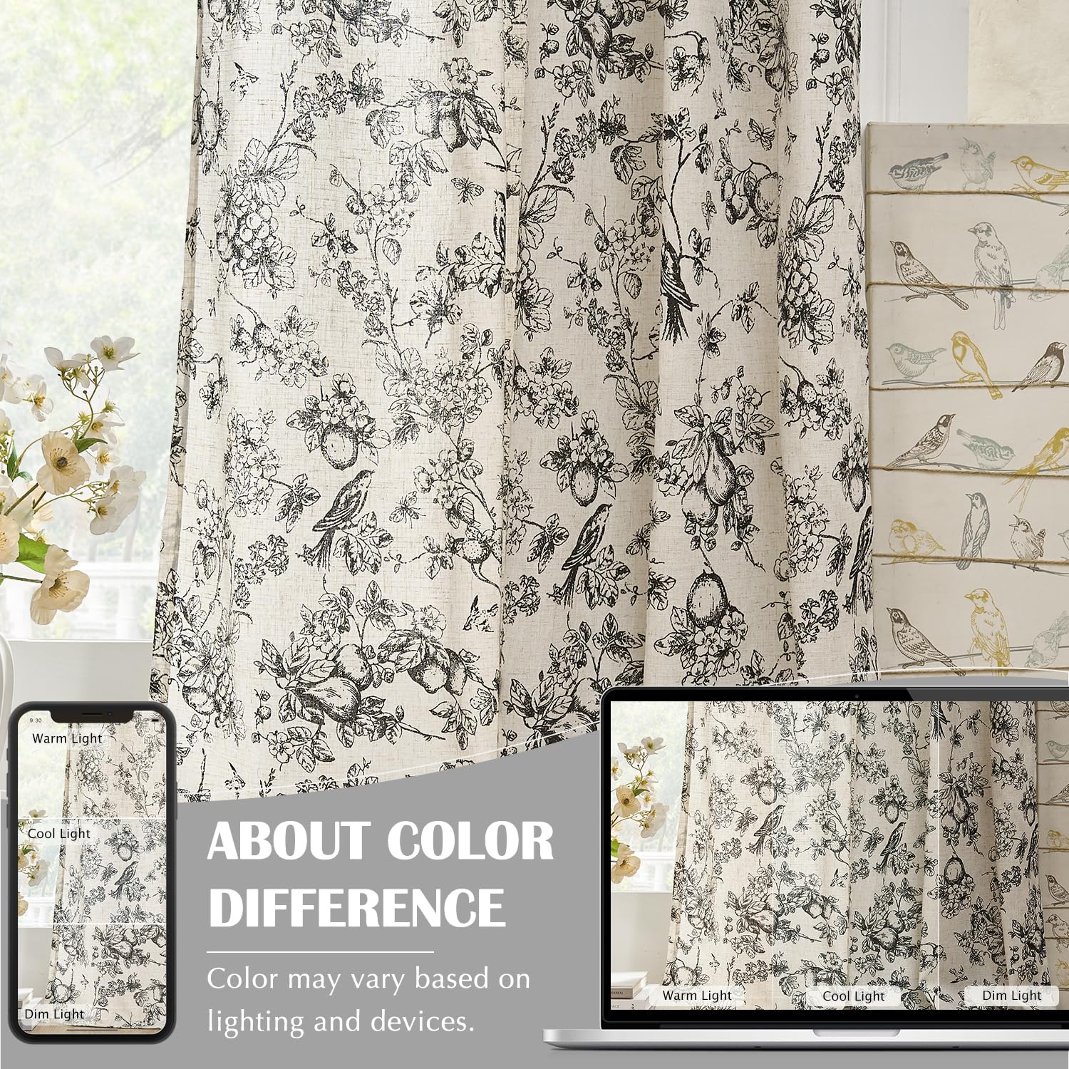 jinchan Black Floral Linen Curtains 63 Inch Vintage Back Tab 2 Panels