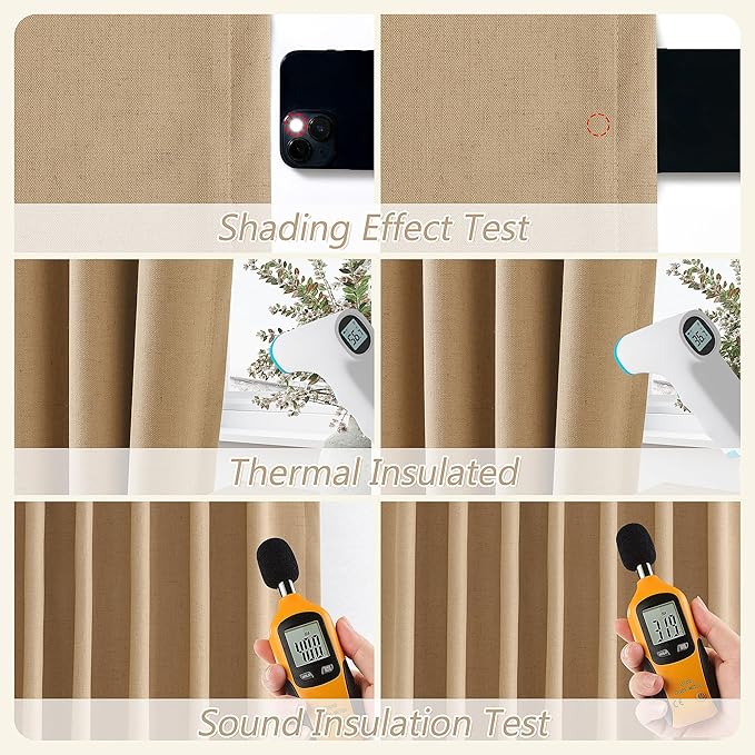 Guken Camel Brown 100% Blackout Linen Curtains 63 Inch Length 2 Panels Set for Living Room Bedroom Back Tab/Rod Pocket Thermal Insulated Black Out Drapes Room Darkening Farmhouse Window Curtains