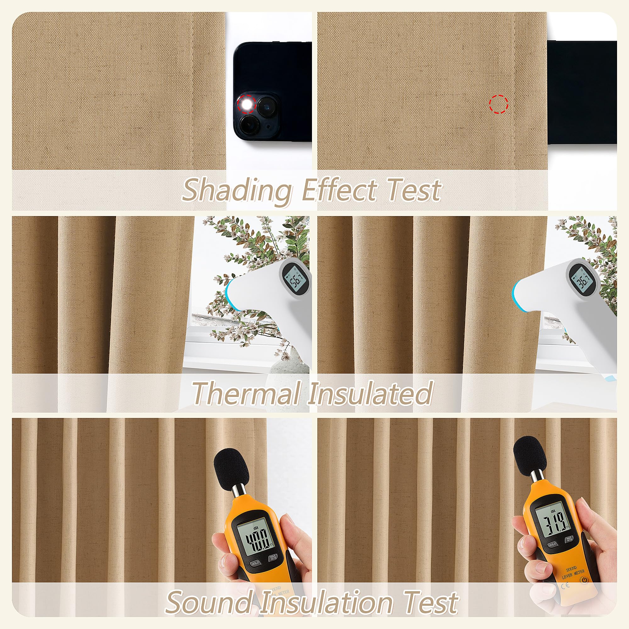 Guken Camel Brown 100% Blackout Linen Curtains 90 Inch Length 2 Panels Set for Living Room Bedroom Back Tab/Rod Pocket Thermal Insulated Black Out Drapes Room Darkening Window Curtains 90 Inches Long