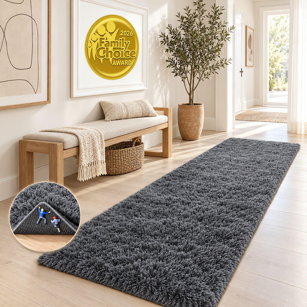 Ophanie 2x6 Washable Runner Rug for Hallway,Non-Slip Fluffy Soft Bedside Rugs, Bedroom Living Room Grey Shaggy Gray Carpet for Kids Girls Boys Dorm Nursery Home Decor Aesthetic
