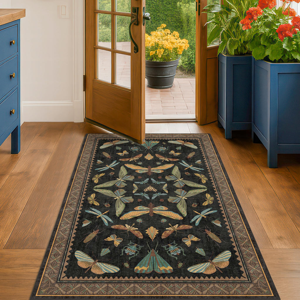 Green and Black Rug for Entryway Indoor- 3x6 Kitchen Floor Mats Non Slip, Washable Dark Unique Insect Print Rugs for Entry Way, Mudroom, Vintage Stain Resistant Indoor Décor