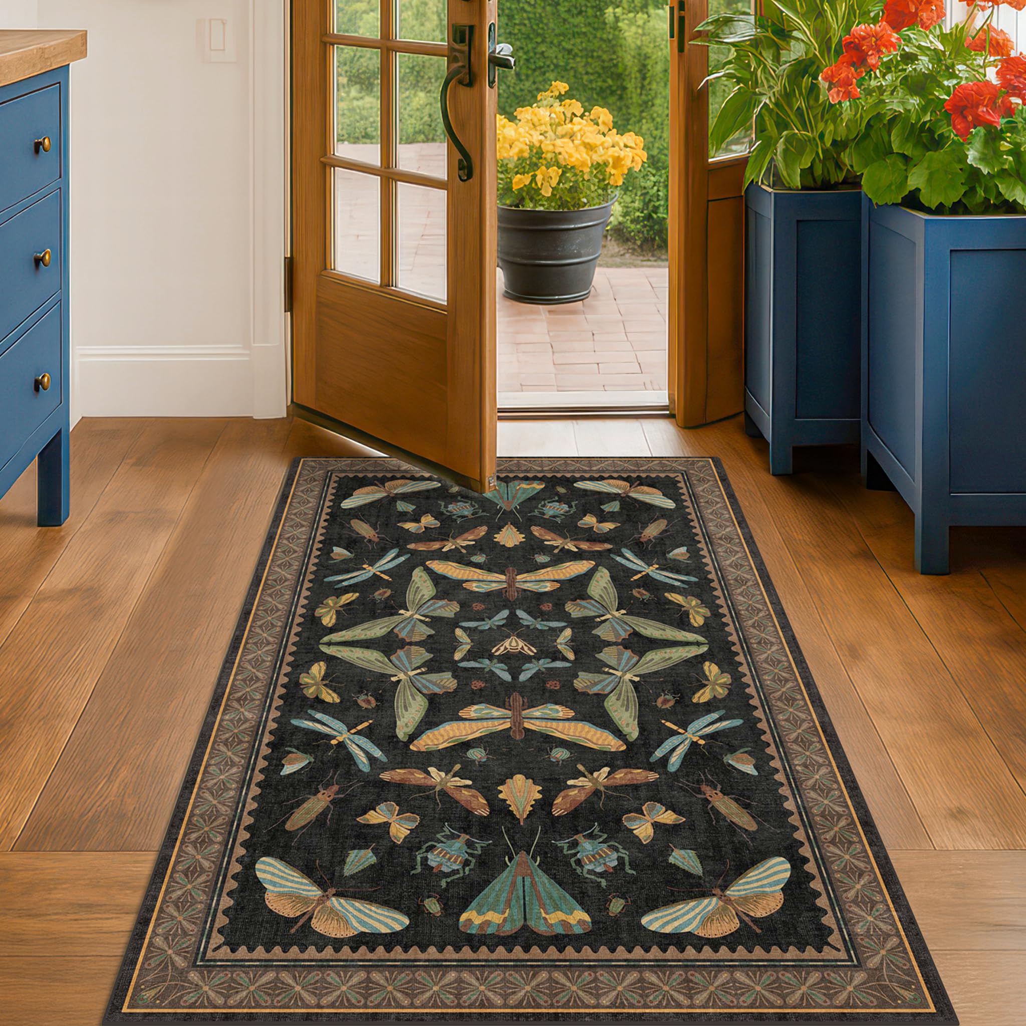 Green and Black Rug for Entryway Indoor- 3x6 Kitchen Floor Mats Non Slip, Washable Dark Unique Insect Print Rugs for Entry Way, Mudroom, Vintage Stain Resistant Indoor Décor