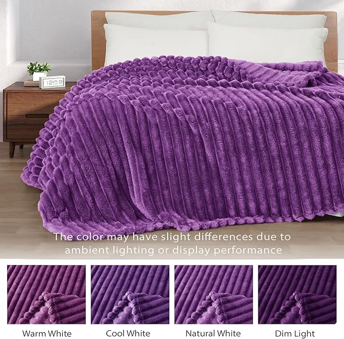 Exclusivo Mezcla Queen Size Flannel Fleece Blanket, Super Soft Striped Jacquard Bed Blanket, Lightweight Fuzzy Cozy for All Seasons, 90x90 Inches, Purple