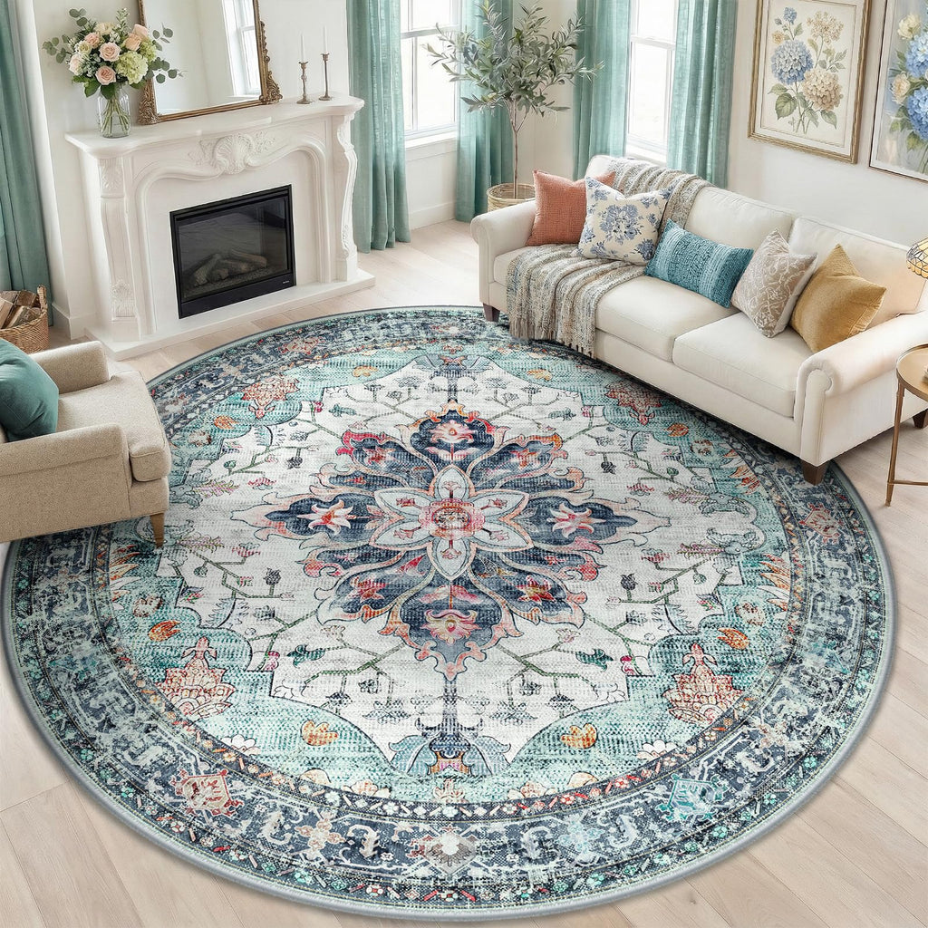 RELEANY Washable Area Rug, Round 8ft, Teal Green/White/Navy