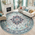 RELEANY Washable Area Rug, Round 8ft, Teal Green/White/Navy