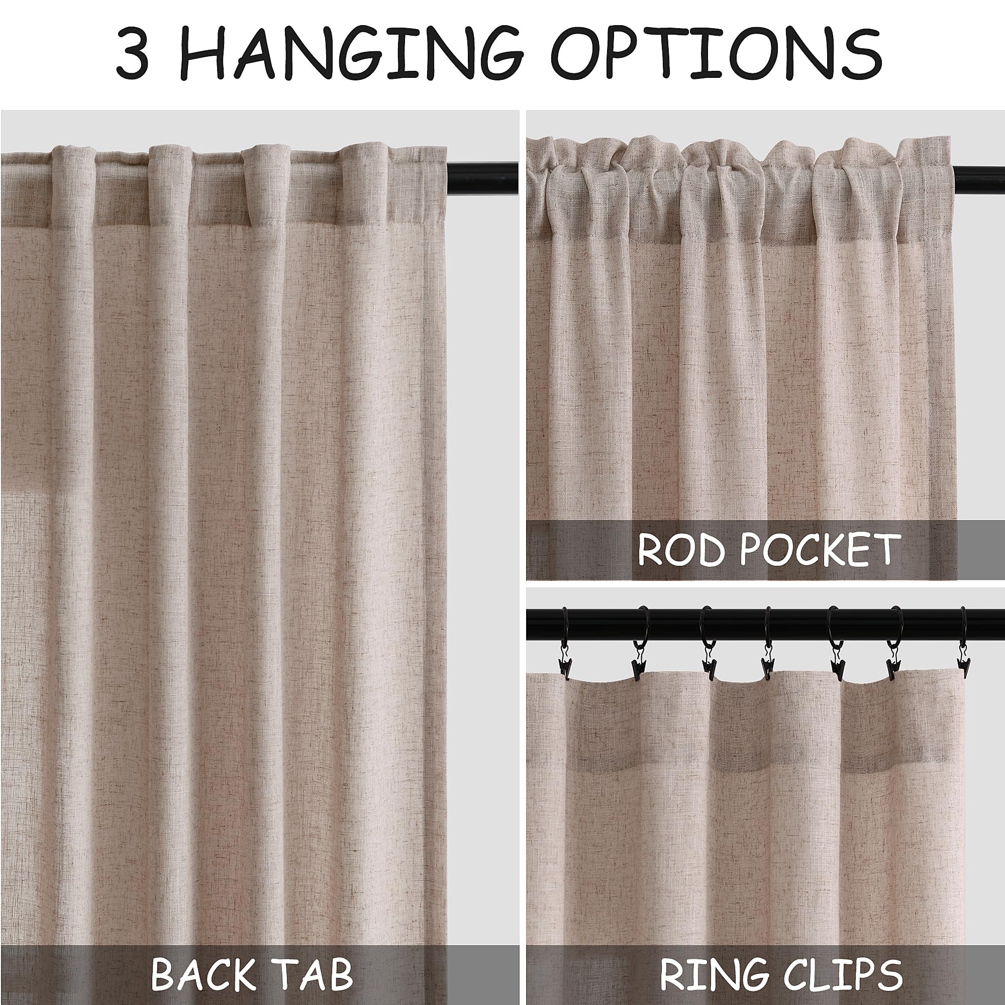 Nanspring Oatmeal Semi Sheer Curtains 72 Inches Long 2 Panels Set for Bedroom Back Tab Rod Pocket Light Filtering Privacy Drapes Cotton Linen Textured Farmhouse Living Room Curtain 52X72 Inches