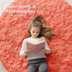 OLANLY Coral Red Round Rugs for Bedroom - Machine Washable, 3 ft Circle Area Rugs for Living Room, Soft and Fluffy Shaggy Carpet for Teen Girl and Boys, Nursery Rooms, Dorms, Home Decor Aesthetic