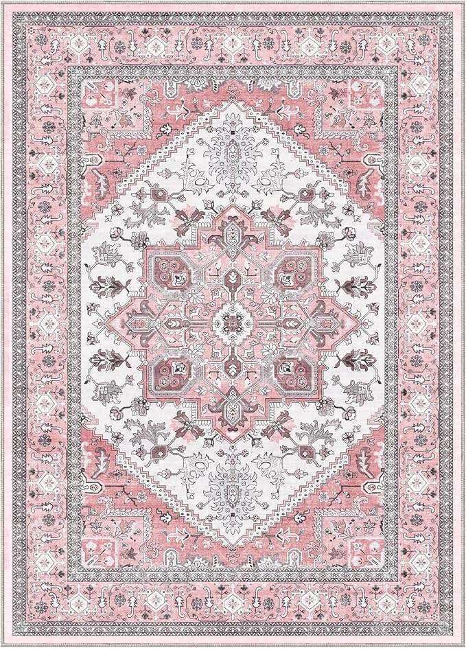 OPPODREAM Soft 6x9 Area Rugs, Washable Rug 6x9 with Non Slip Backing, Faux Cashmere Low-Pile 6 x 9 Carpet, Pink & Cream