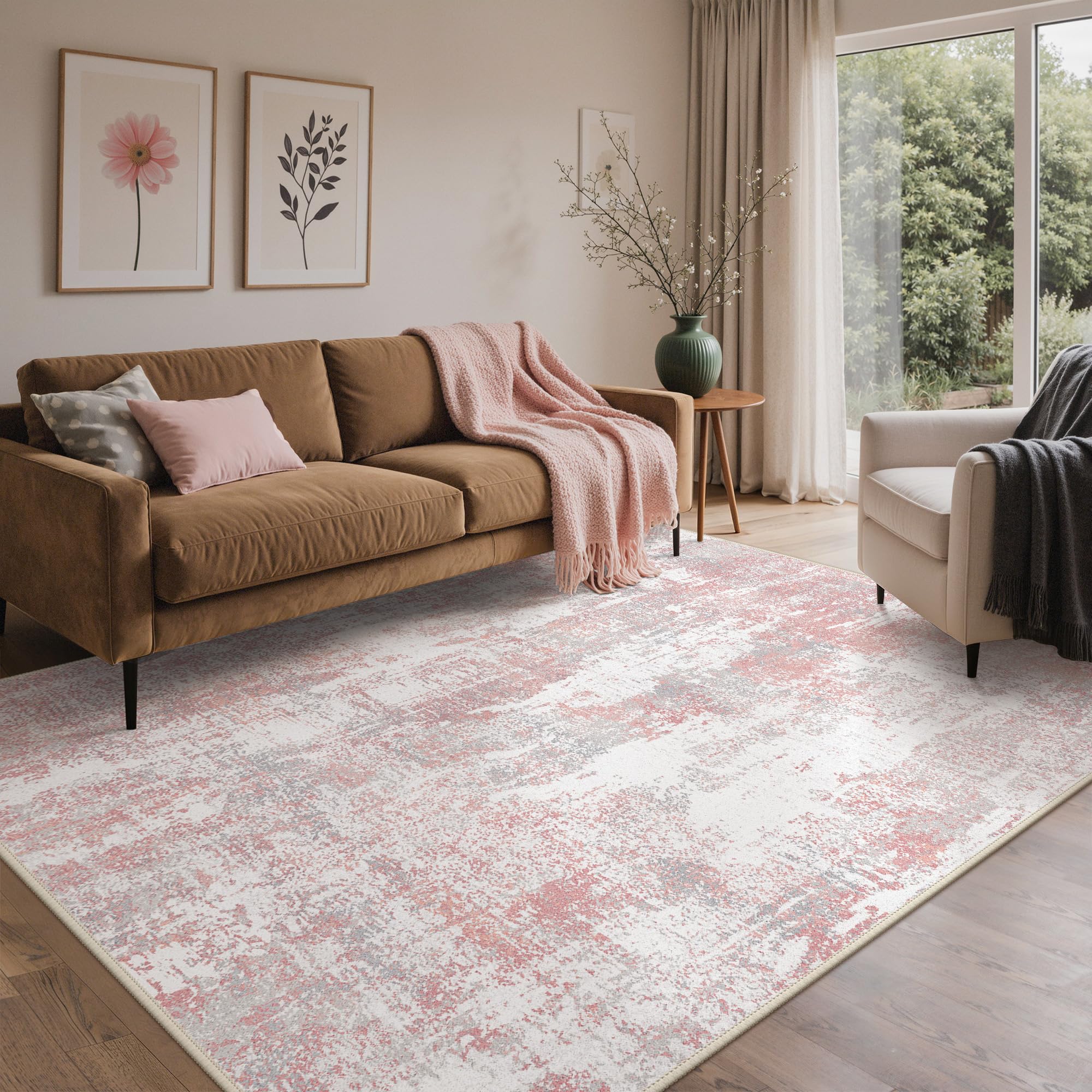 BEIMO Area Rugs 9x12 for Living Room, Pink Grey Washable Abstract Non Slip