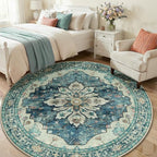 RELEANY Area Rugs 6ft Washable Non-Slip, Floral Vintage Distress Print Pattern Medallion Carpet for Living Room Bedroom Dining Room, Dark Blue Vintage